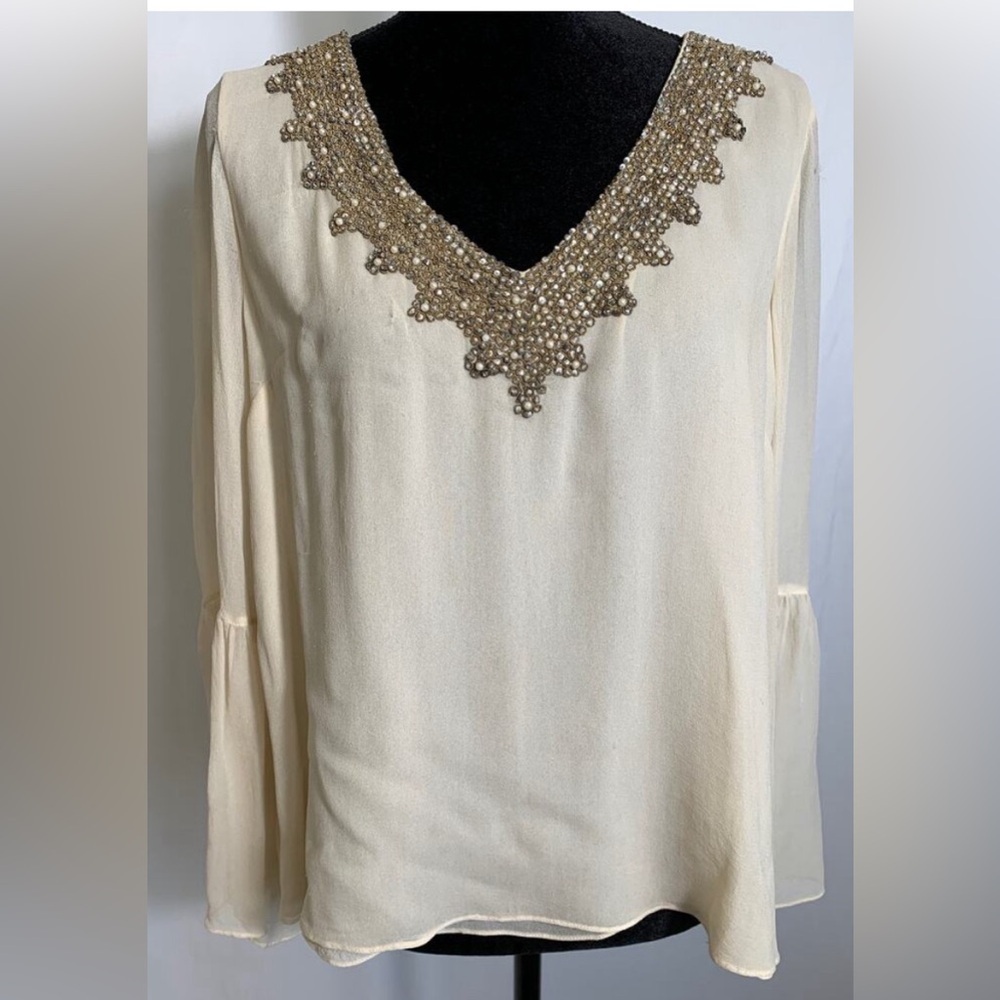 Love Sam silk beaded cream colored top medium vintage money chic glam